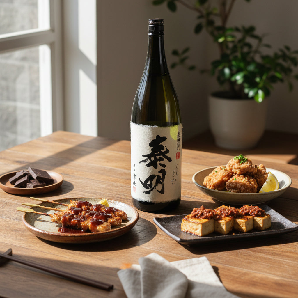 ペアリング提案

焼き鳥（タレ）
甘辛いタレと香ばしい焼き目に、
麦焼酎のローストしたような
香ばしさがよく合います。
お湯割りにすると脂もすっと切れます。

豚の角煮
コクのある煮込み料理と相性抜群。
常圧蒸留のしっかりした
飲みごたえが、甘辛い味付けと
バランスよく寄り添います。

鶏のからあげ
揚げ物の油分を心地よく流し、
麦の香ばしさが後味を引き締めます。
食中ならロックもおすすめ。

味噌田楽（こんにゃく・豆腐）
味噌のコクと焼いた香ばしさが
麦の風味と自然に重なります。
お湯割りでゆっくり楽しみたい組み合わせ。

ビターチョコレート
食後に少量のロックで。
麦の香ばしさとカカオの
ほろ苦さがよく調和します。