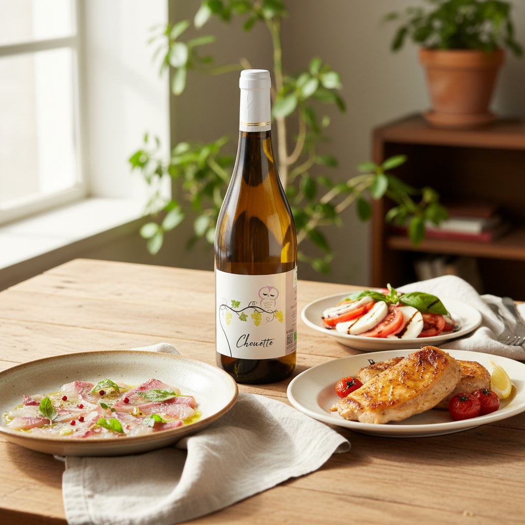 【前菜】
真鯛のカルパッチョ
塩とオリーブオイル、レモンでシンプルに。
ワインのフレッシュな酸とミネラルが、
魚の甘みときれいに重なります。
【主菜】
鶏むね肉の塩こうじ焼き
しっとりした旨味に、やさしい塩味。
ワインの透明感ある果実味が、
重くならず軽やかに寄り添います。
【おつまみ】
モッツァレラとトマトのカプレーゼ
ミルキーさとトマトの酸味に、
ワインの爽やかさが心地よく調和。
冷やして合わせるとよりバランス良く楽しめます。